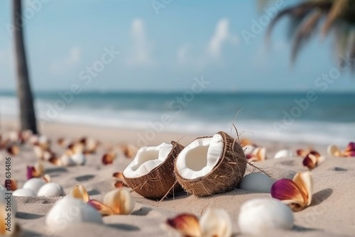 Tropical beach vibes: coconut, flowers, palm trees, beach, selective focus, copy space. Generative AI