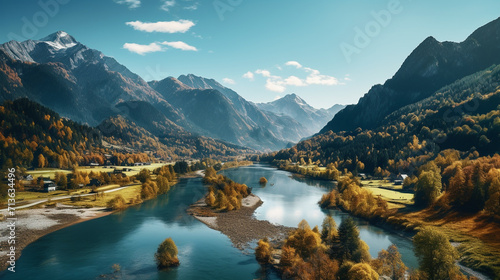 Beautiful landscapes of mountain range forest with mountain river ai generated image