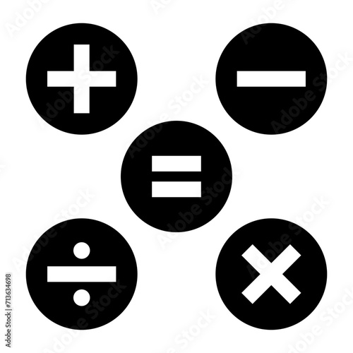 Calculator key icon vector on black circle. Addition, subtraction, division, multiplication, and equality symbol