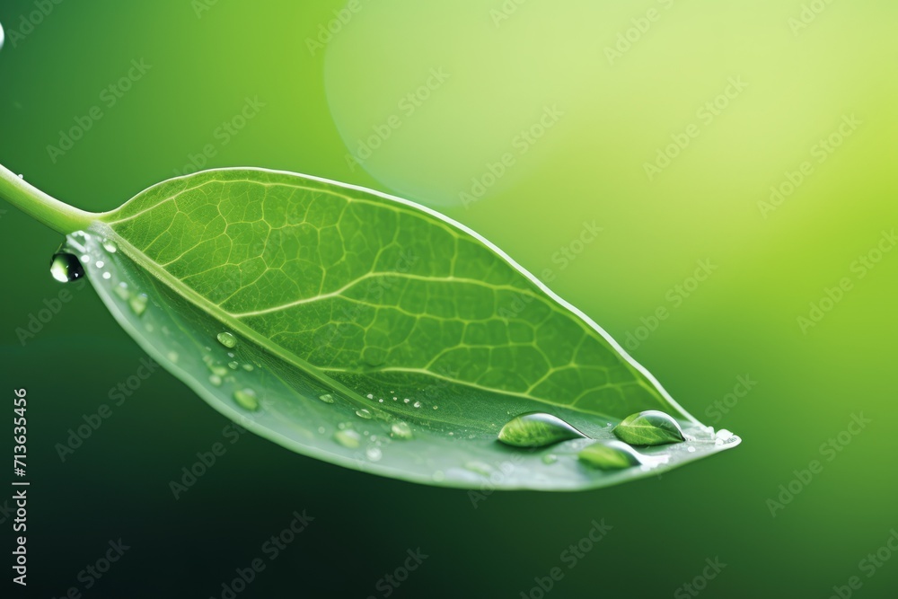 Fototapeta premium Dew drops on a green leaf on a bokeh background, the concept of nature. copy space