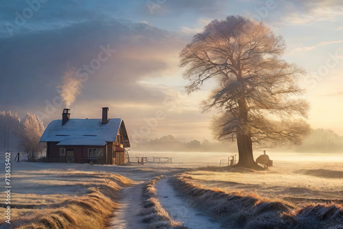 Capture the tranquil beauty of a winter morning  where frost-kissed landscapes and soft sunlight create a serene and magical atmosphere.
