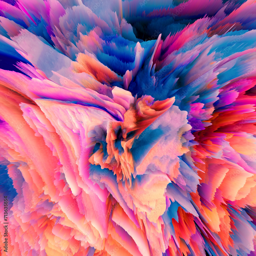 Abstract, explosive and colorful 3D background texture. Modern and contemporary feel. Dynamic movement with shades of blue, yellow, magenta, orange