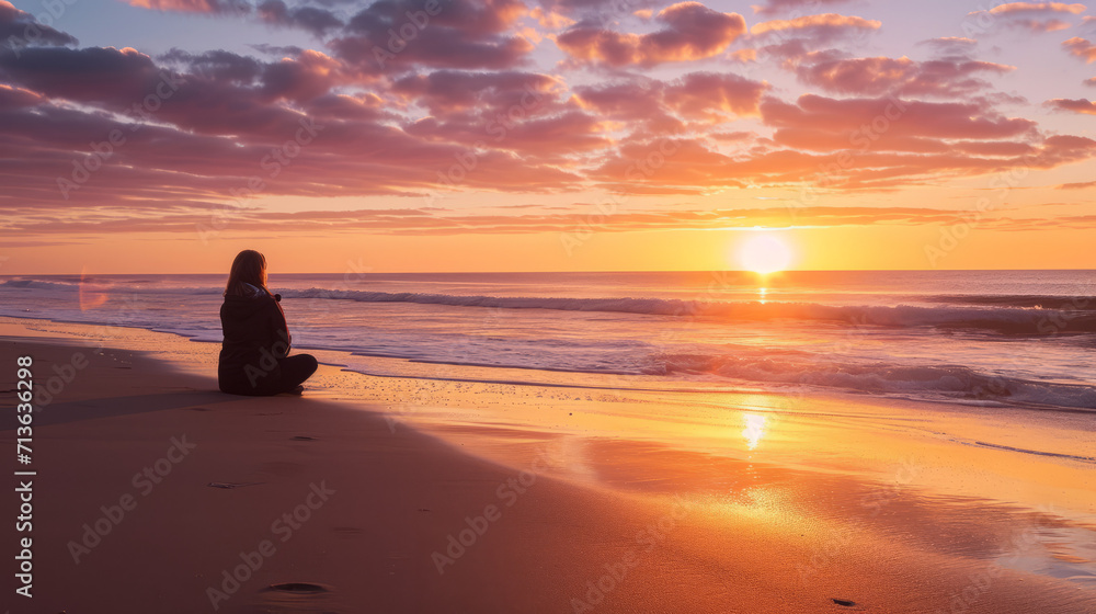 Solitudes Embrace, A Serene Spectacle of a Soul Gazing at the Horizon, Captivated by the Radiant Sunset on a Tranquil Shore