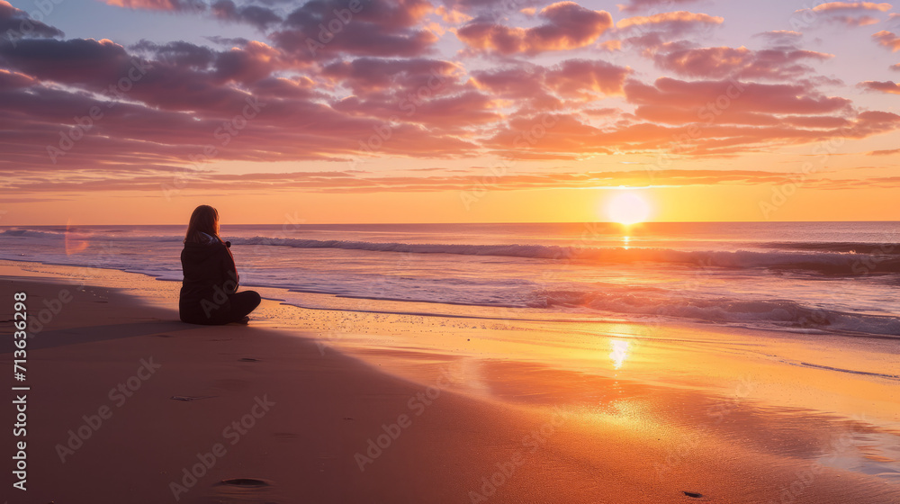 Solitudes Embrace, A Serene Spectacle of a Soul Gazing at the Horizon, Captivated by the Radiant Sunset on a Tranquil Shore Solitudes Embrace, A Serene Spectacle of a Soul Gazing at the Horizon, Captivated by the Radiant Sunset on a Tranquil Shore