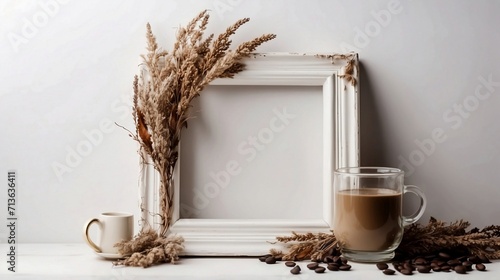 Coffee White Frame and dried Flower. The concept of home comfort and aesthetics created with generative ai