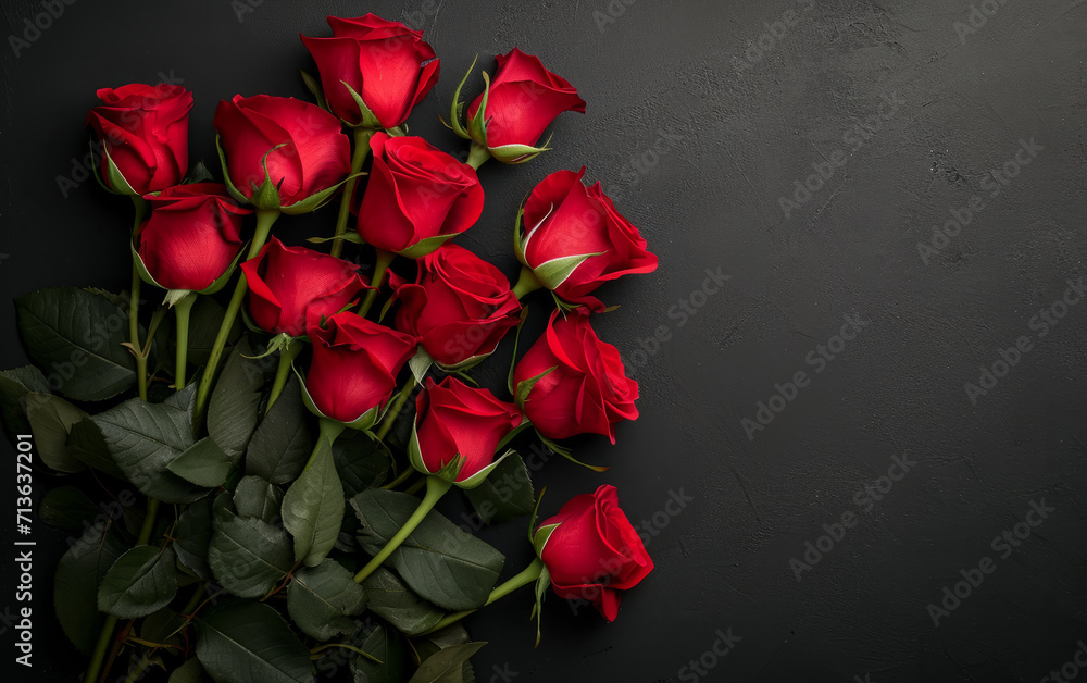 Bouquet of red roses on a black background with copy space
