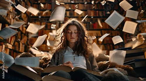 Woman Reading Book in Room Filled With Books, World Book Day
