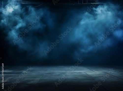 The dark stage shows  empty dark blue  purple  pink background  neon light  spotlights  The asphalt floor and studio room with smoke float up the interior texture for display products