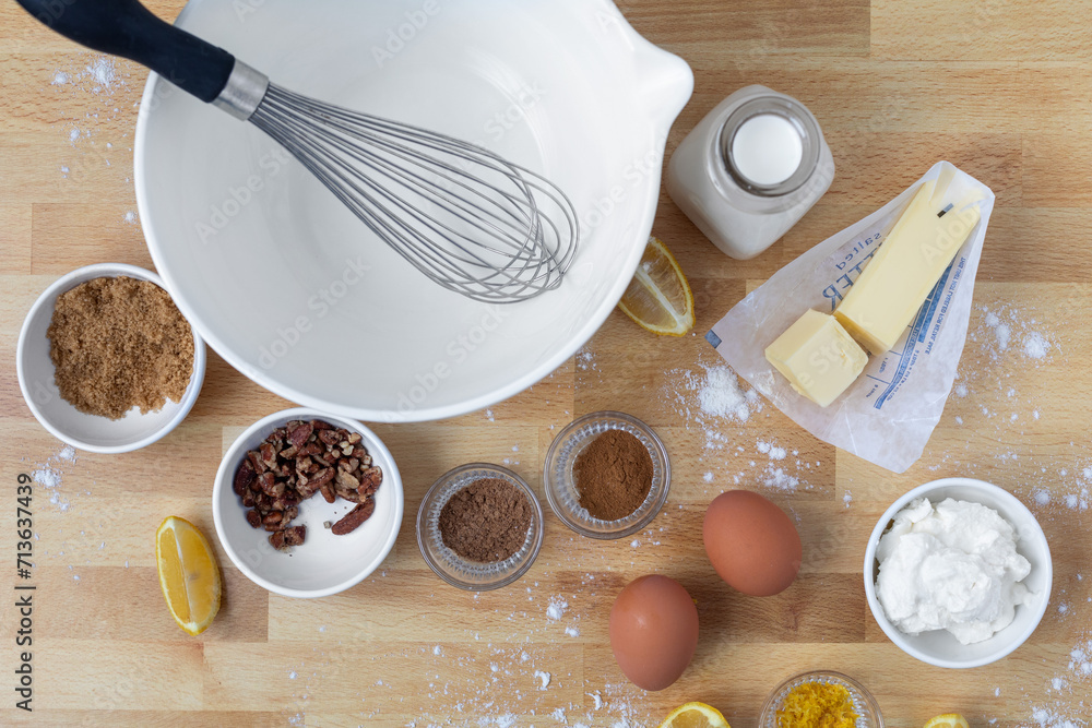 Ingredients on Butcher Block Countertop in Kitchen for Dutch Baby Ingredients on Butcher Block Countertop in Kitchen for Dutch Baby