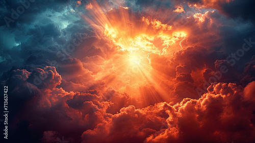 An artistic depiction of the resurrection story with rays of light breaking through dark clouds, symbolizing hope and renewal.