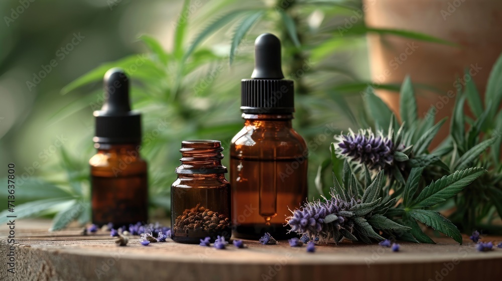 Medical cannabis products and hemp leaf Medical cannabis products and hemp leaf