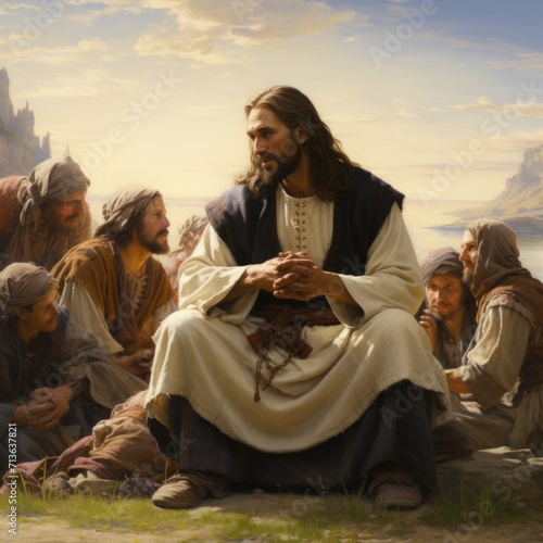In serene tableau, Jesus Christ and disciples gather, radiating divine harmony. Scene captures essence of spiritual teachings and the sacred camaraderie among these central figures of Christian faith.