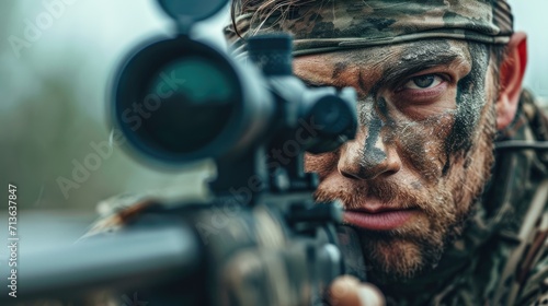 Stealth in the City: Focused 32-Year-Old Sniper, Camouflaged and Concealed in a Modern Urban Environment, Holds a High-Caliber Rifle, Demonstrating Precision Marksmanship with Intense Concentration.