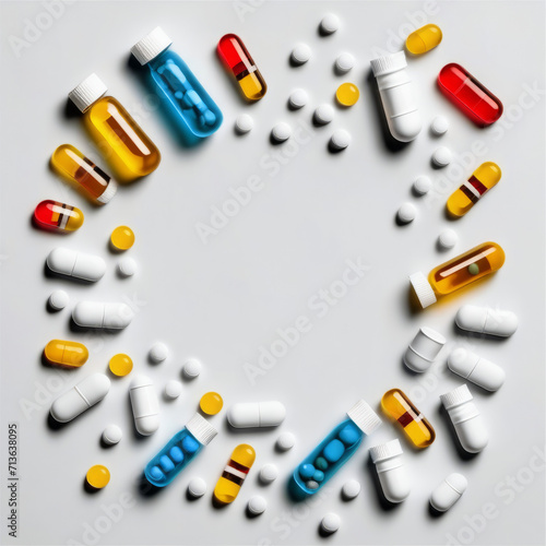 colorful pills and capsules forming a circle on a white background