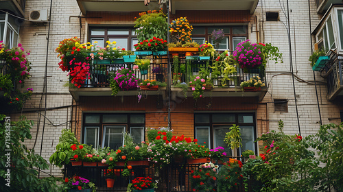 Plantas em vasos e flores enfeitam as varandas apertadas de prédios de apartamentos altos oferecendo um toque de cor em meio à selva de concreto