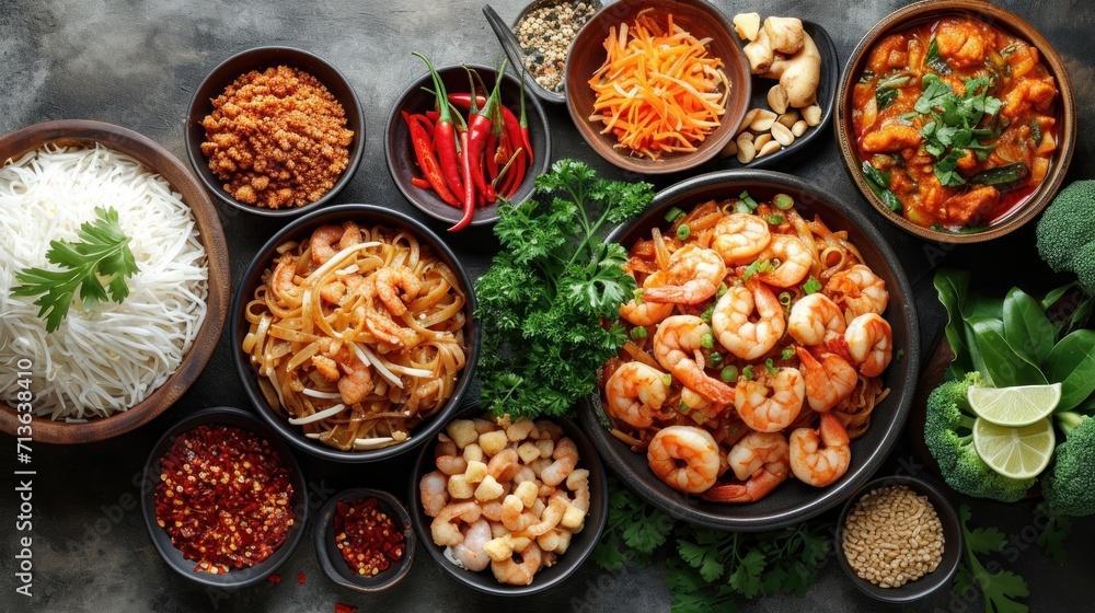 Assorted thai food with shrimp pad thai and panang curry - obrazy, fototapety, plakaty 