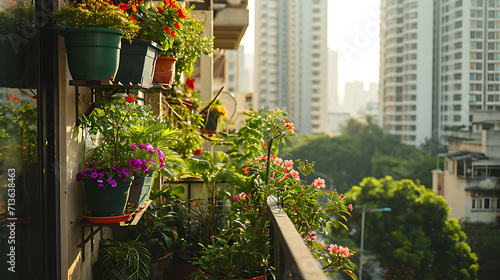 Plantas e flores em vasos enfeitam a estreita varanda de um apartamento em altura adicionando um toque de natureza à paisagem urbana photo