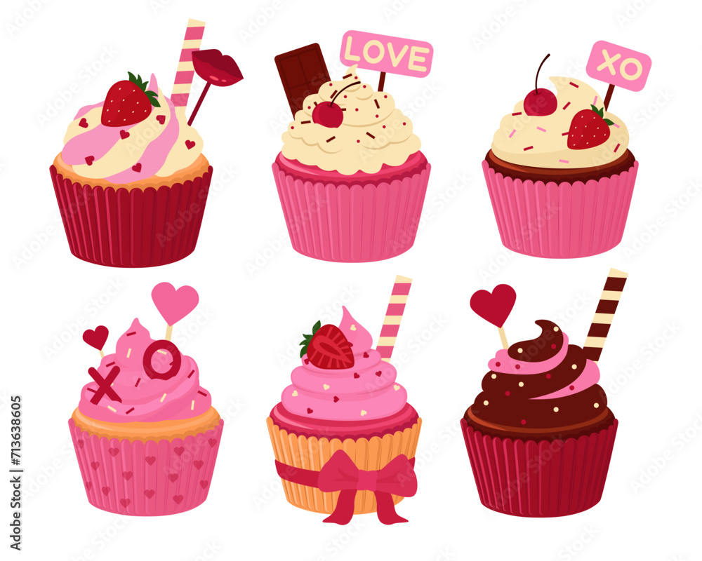 Set of different cupcakes for Valentine's Day on white background Set of different cupcakes for Valentine's Day on white background