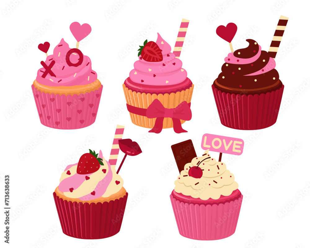 Set of different tasty cupcakes for Valentine's Day on white background