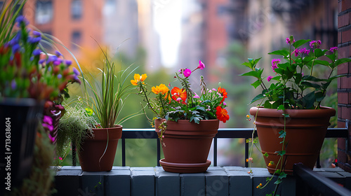Plantas em vasos enfeitam a beirada de uma aconchegante sacada da cidade acrescentando um toque de verde à paisagem urbana