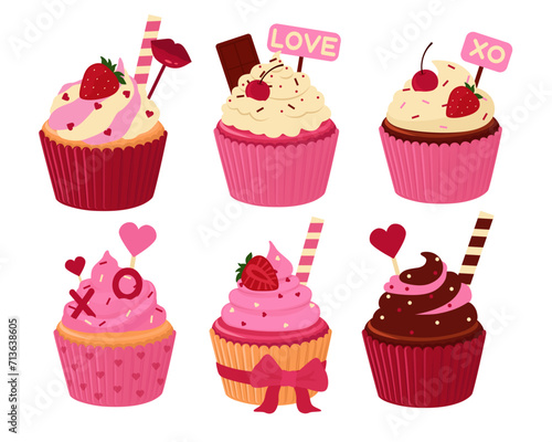 Set of different cupcakes for Valentine s Day on white background