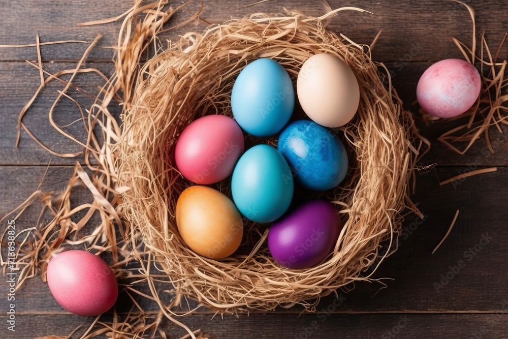 Colorful easter eggs in nest on wooden background, top view Colorful easter eggs in nest on wooden background, top view