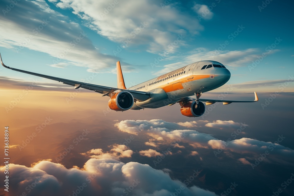 Commercial Airplane Flying High Above the Clouds