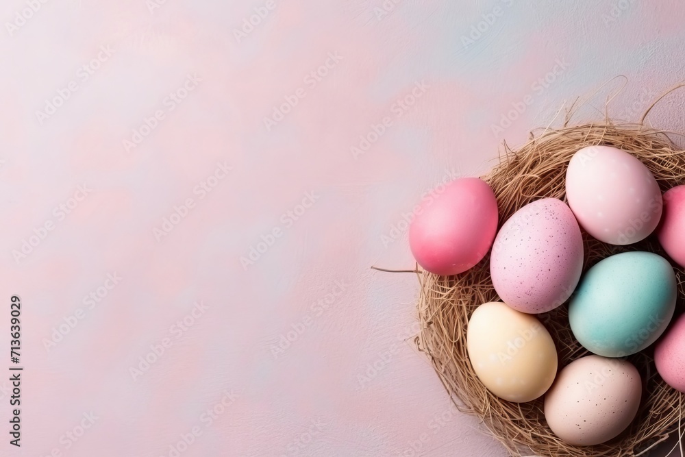 Top view of Colorful easter eggs in nest on pink background. Easter background with copy space Top view of Colorful easter eggs in nest on pink background. Easter background with copy space