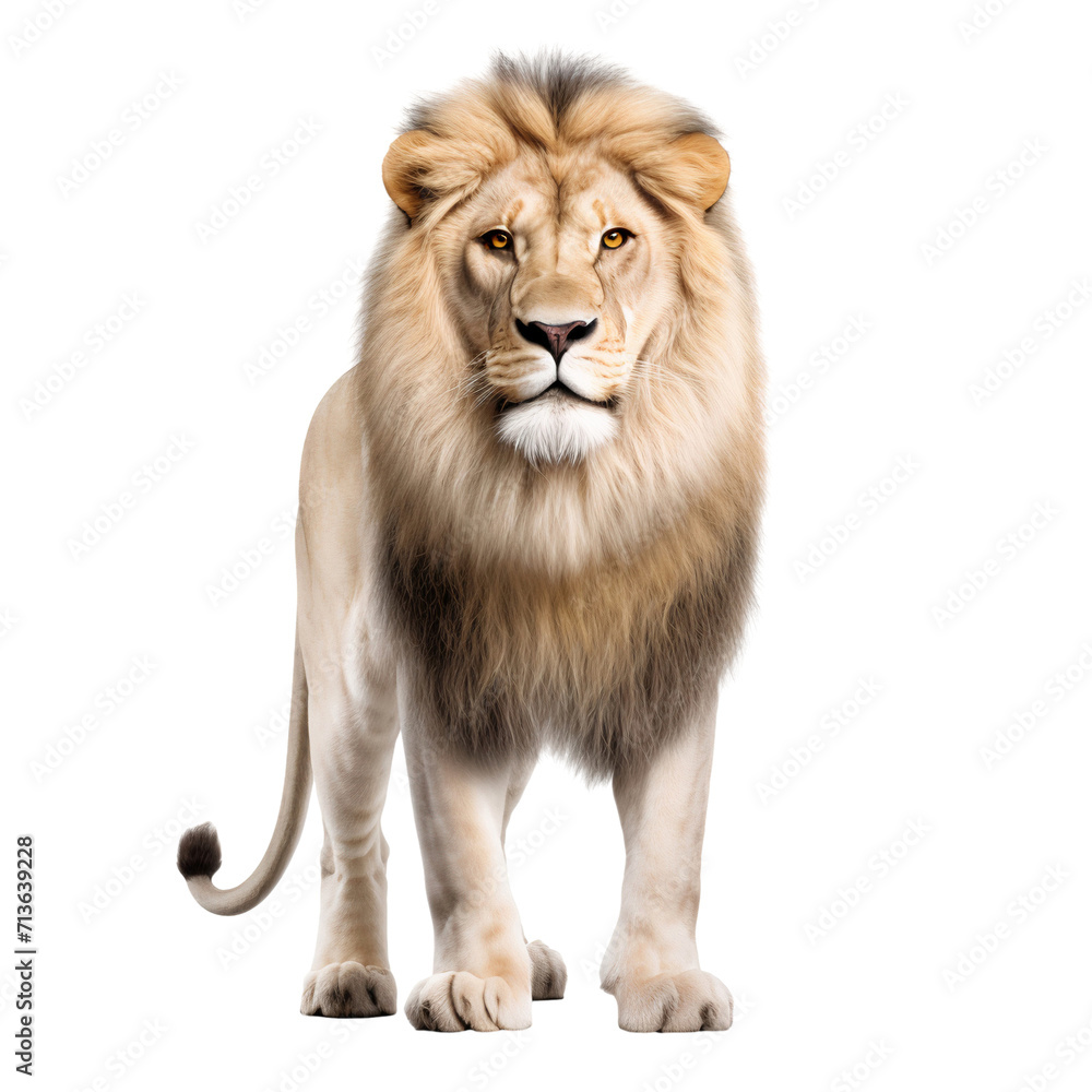 Fototapeta premium Portrait of a white lion, full body standing isolated on transparent background