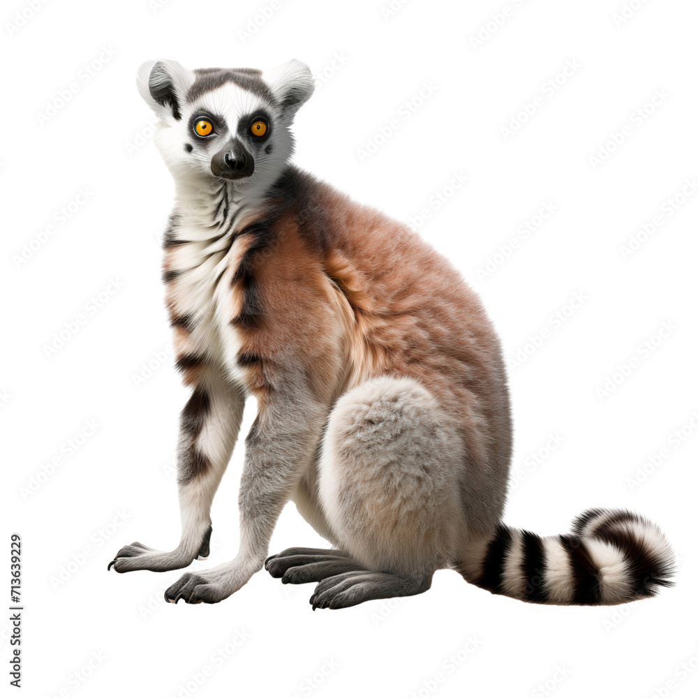 Ring-tailed lemur sitting, isolated on white background