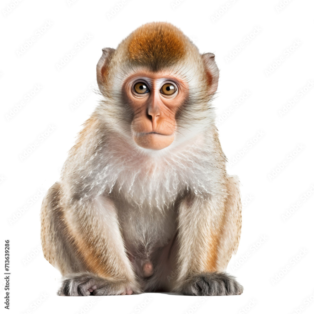 Portrait of a macaque sitting isolated on white background, transparent cutout Portrait of a macaque sitting isolated on white background, transparent cutout