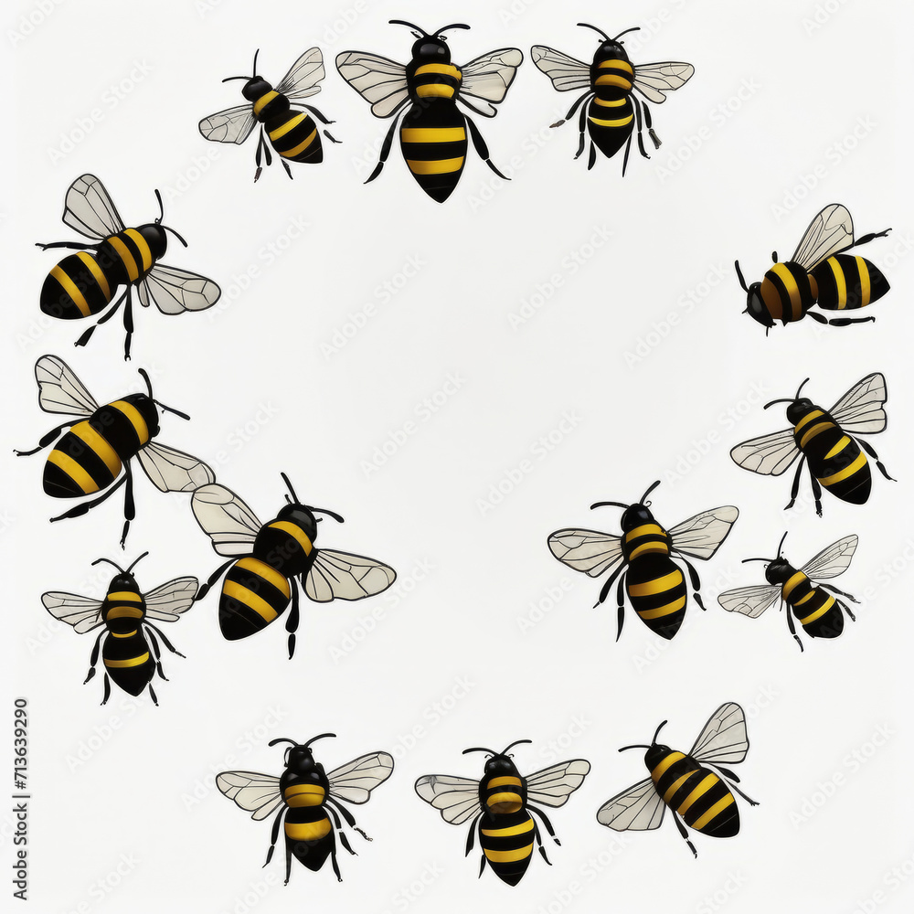 a lot of bees forming a circle on a white background with space at the center