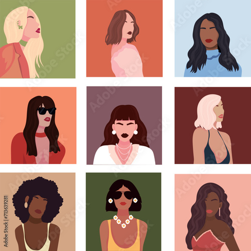 Collage of many pretty drawn women on color background