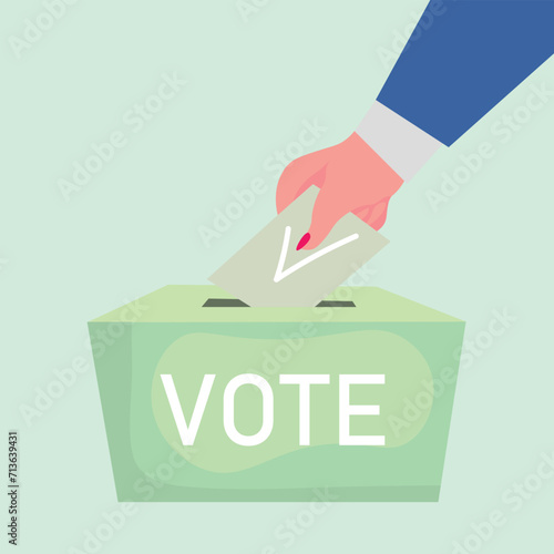 Hand putting ballot paper in voting box on color background