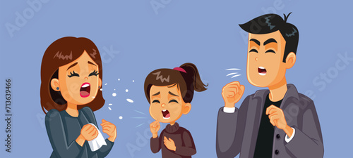 Family Suffering from a Cold Together in Winter Season Vector Illustration. Unwell mother, father and daughter catching a viral disease all together
