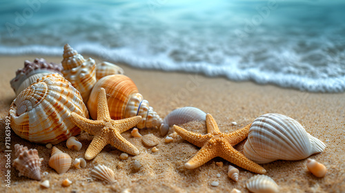 Top view of a sandy beach with exotic seashells and starfish © Yi_Studio