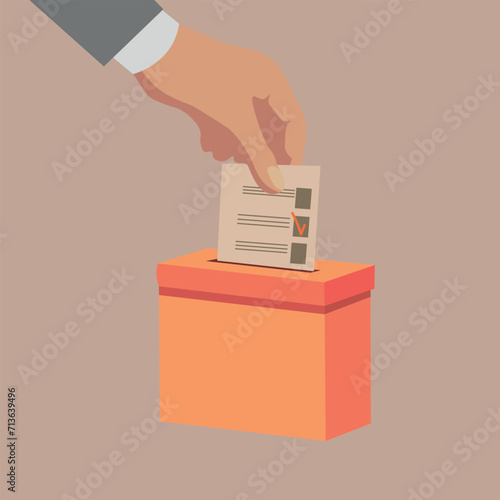 Hand putting ballot paper in voting box on beige background