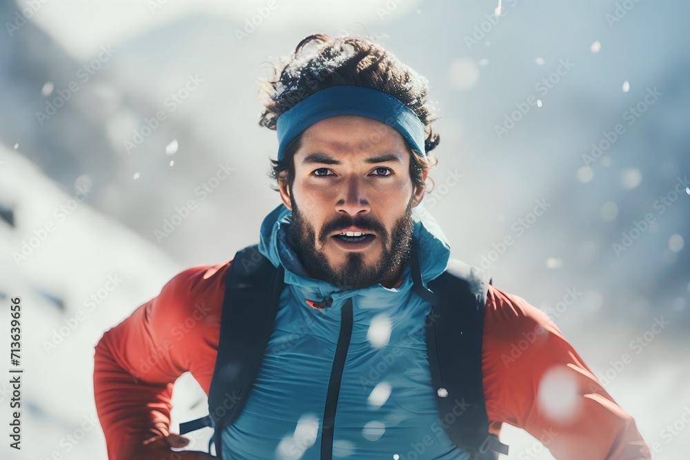 male runner exercising running on winter snow mountain male runner exercising running on winter snow mountain