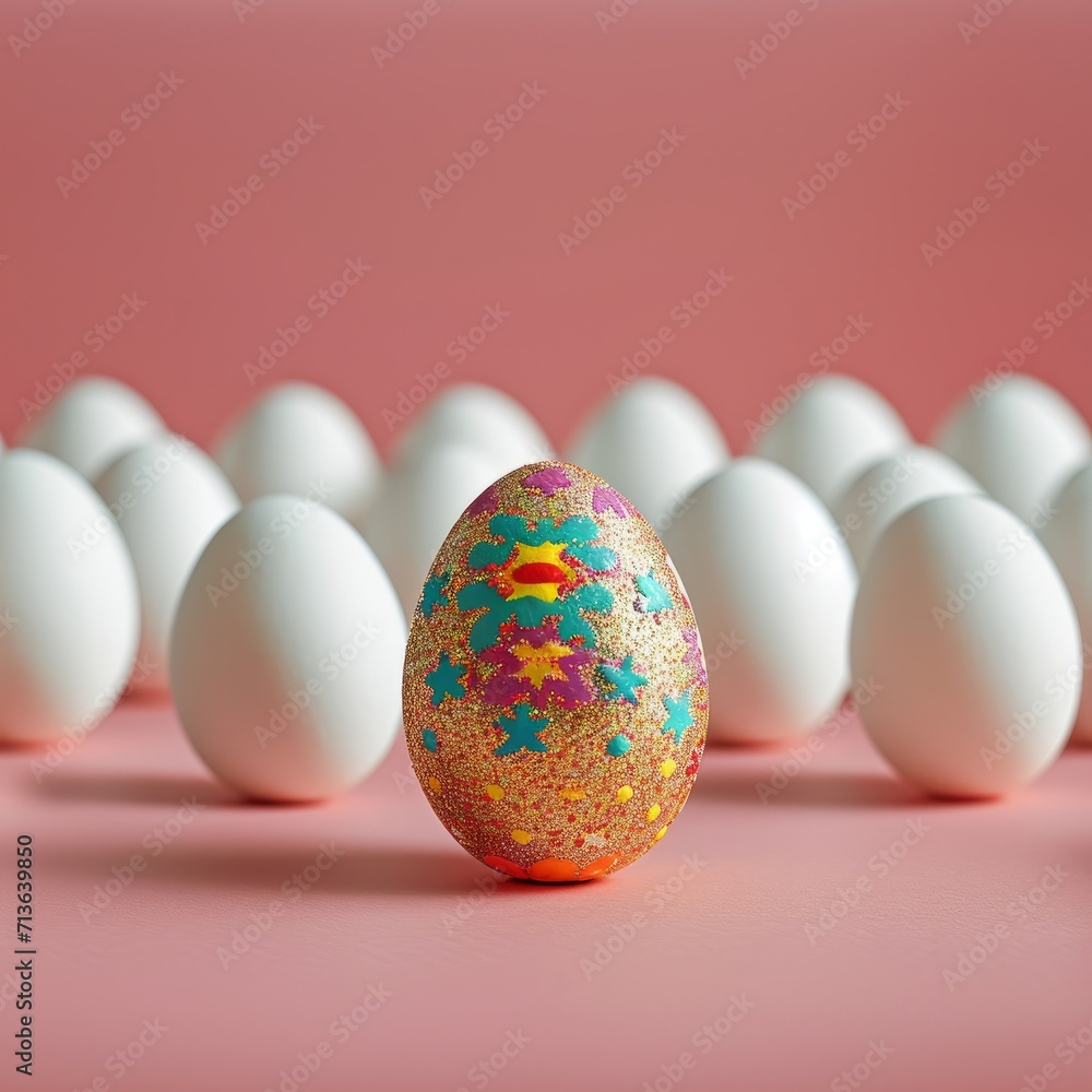 A group of mainly white eggs with one wild and colorful decorated egg. 