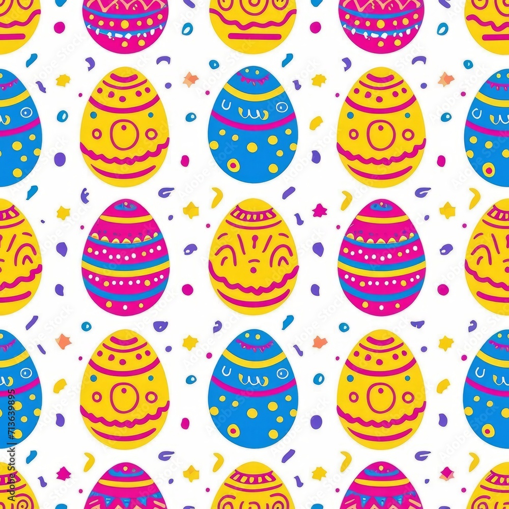 A seamless pattern of easter eggs on a plain background with pastel spring colors. 