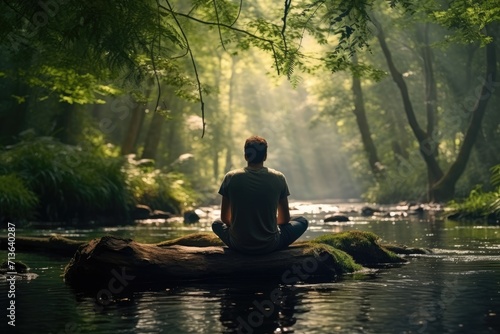 Riverside Serenity: Capture the Quiet Beauty of a Man in Silent Contemplation by the Forest River, Embracing Nature's Meditation and Finding Tranquility in the Wilderness. photo