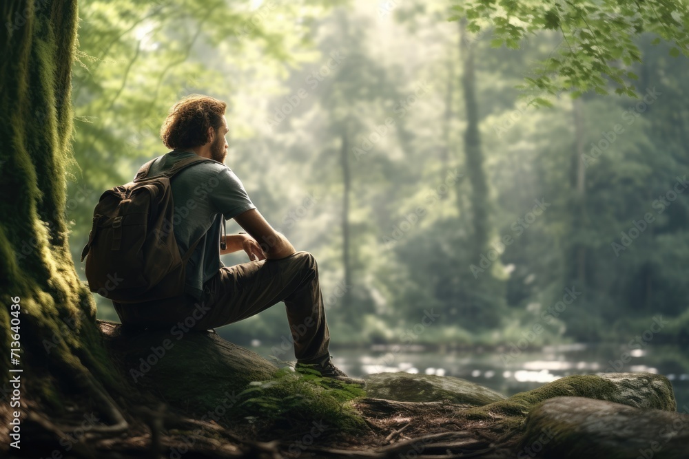 Riverside Serenity: Capture the Quiet Beauty of a Man in Silent Contemplation by the Forest River, Embracing Nature's Meditation and Finding Tranquility in the Wilderness. Riverside Serenity: Capture the Quiet Beauty of a Man in Silent Contemplation by the Forest River, Embracing Nature's Meditation and Finding Tranquility in the Wilderness.
