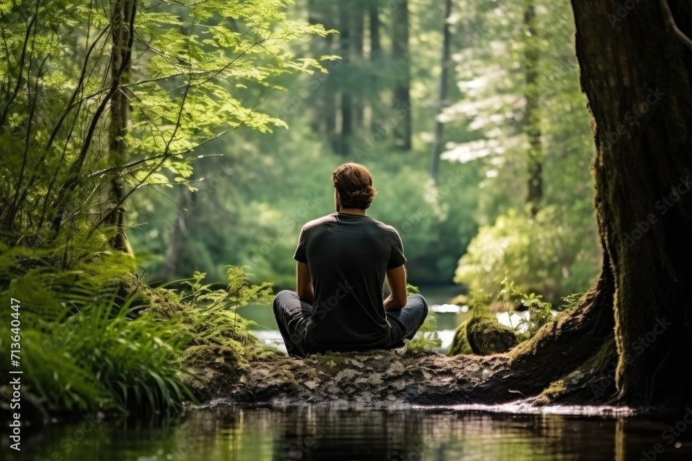 Riverside Serenity: Capture the Quiet Beauty of a Man in Silent Contemplation by the Forest River, Embracing Nature's Meditation and Finding Tranquility in the Wilderness. Riverside Serenity: Capture the Quiet Beauty of a Man in Silent Contemplation by the Forest River, Embracing Nature's Meditation and Finding Tranquility in the Wilderness.