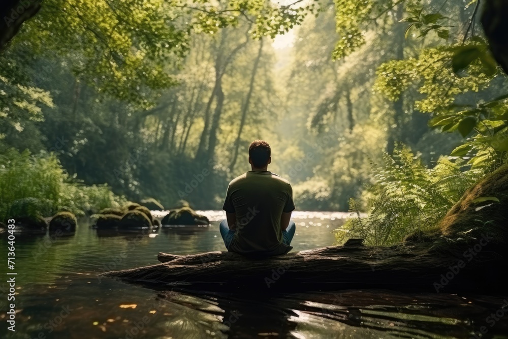 Riverside Serenity: Capture the Quiet Beauty of a Man in Silent Contemplation by the Forest River, Embracing Nature's Meditation and Finding Tranquility in the Wilderness.