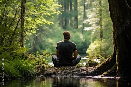 Riverside Serenity: Capture the Quiet Beauty of a Man in Silent Contemplation by the Forest River, Embracing Nature's Meditation and Finding Tranquility in the Wilderness.