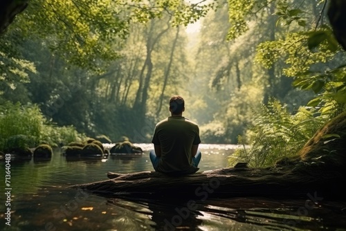 Riverside Serenity: Capture the Quiet Beauty of a Man in Silent Contemplation by the Forest River, Embracing Nature's Meditation and Finding Tranquility in the Wilderness. photo