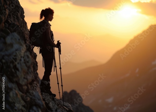 Sunset Trekking: Happy Woman, Trekking Poles in Hand, Admires the Mountain Landscape at Sunset - Capturing the Scenic Beauty of Outdoor Exploration and Fitness

