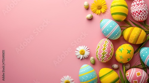 Easter-themed backdrop with a variety of colorful egg decorations and a spacious area for text. 