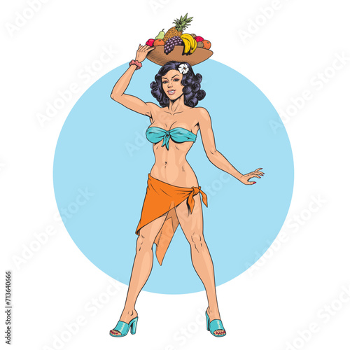 Pinup girl carries a basket of exotic fruits on her head isolated on white background. Young attractive woman in swimsuit. Vegan or vegetarian organic fruit cocktail, vitamins. Vector illustration