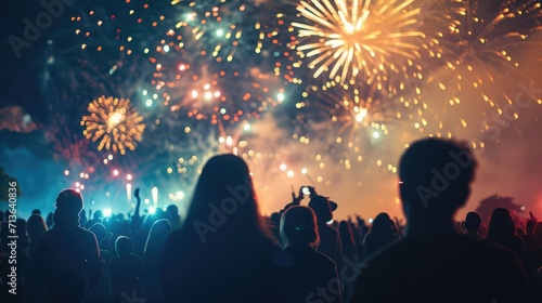 A crowd of people is silhouetted against a dazzling display of fireworks, capturing the shared excitement and wonder of a nighttime celebration
